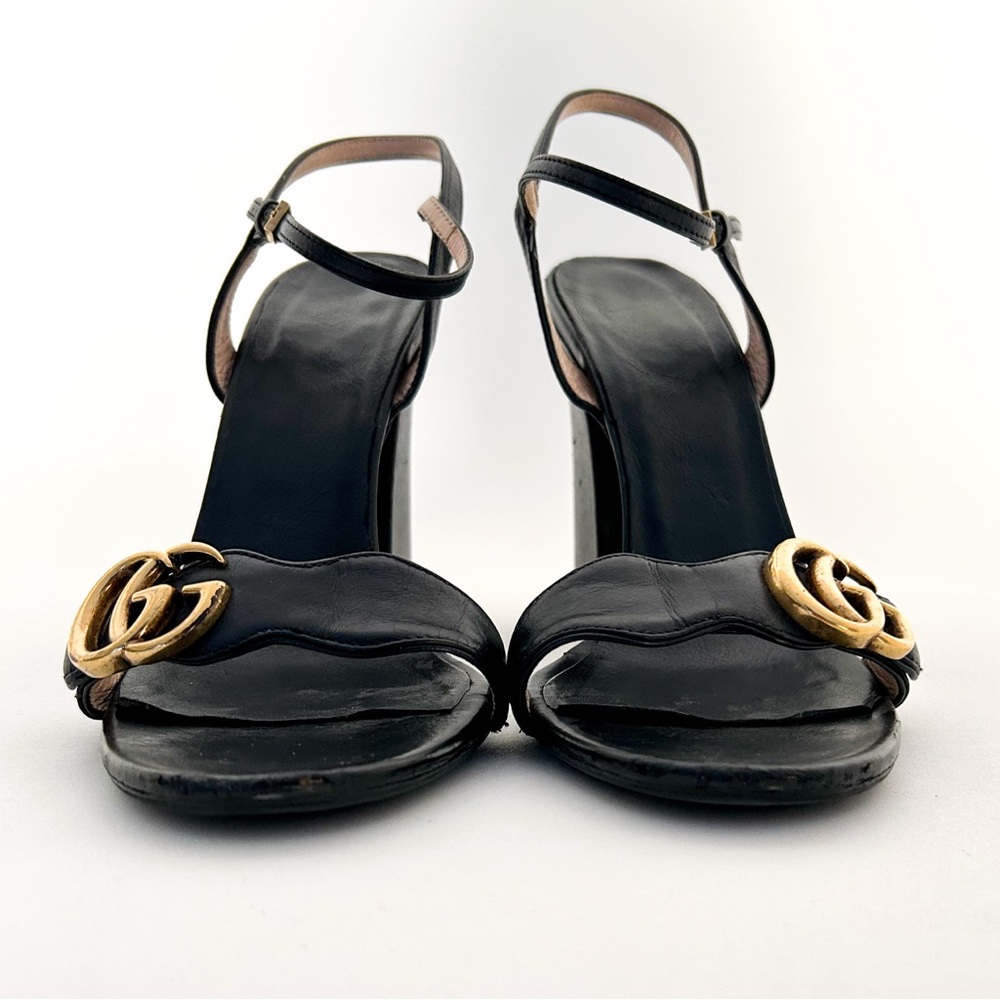 Gucci Marmont GG Logo High Block Heel Ankle Strap Sandals Black Leather EU 39.5 - Picture 3 of 10